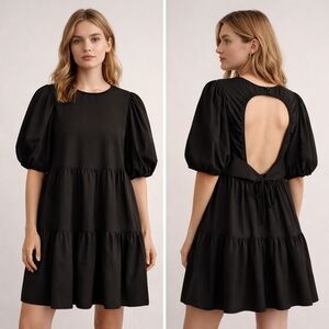 ZARA  Black Puff Sleeve Tiered Mini Dress  Open Back Cottagecore Coastal Boho